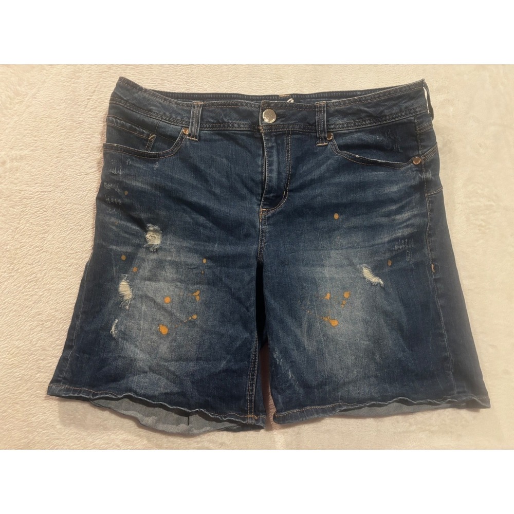 Seven7 Denim Shorts Womens Size 14 Mid-Rise Distressed Roll Hem Paint Splash